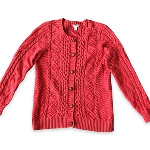 L. L. Bean Cable Knit Button Front Cardigan Sweater Coral Size Large 100% Cotton
